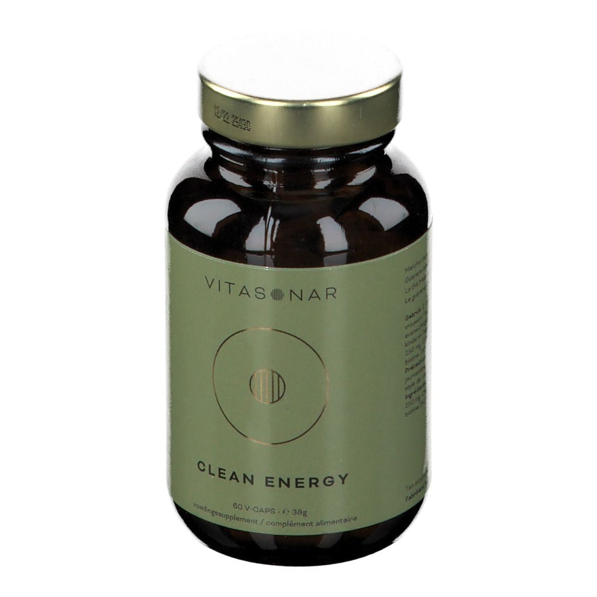 Bruine glazen fles met gouden dop. Etiket met "VITASONAR" en "CLEAN ENERGY".
