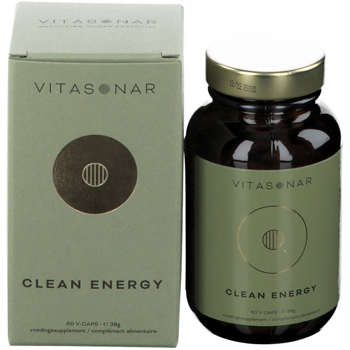 Bruine glazen fles en groene doos. "CLEAN ENERGY" op fles en doos.