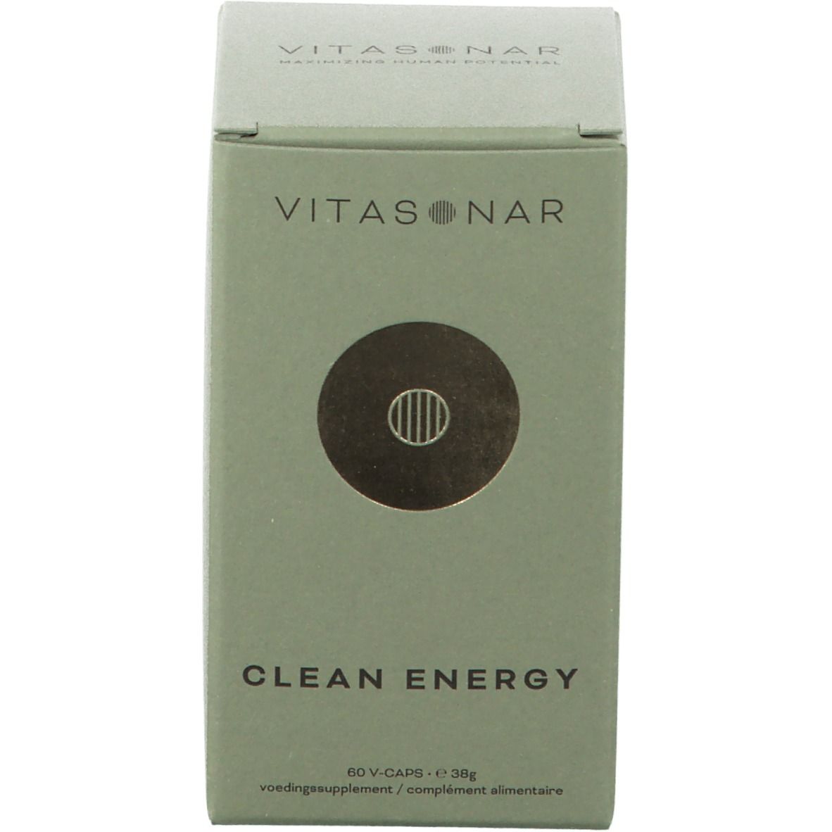 Groene doos met "VITASONAR" en "CLEAN ENERGY". Bevat 60 capsules.