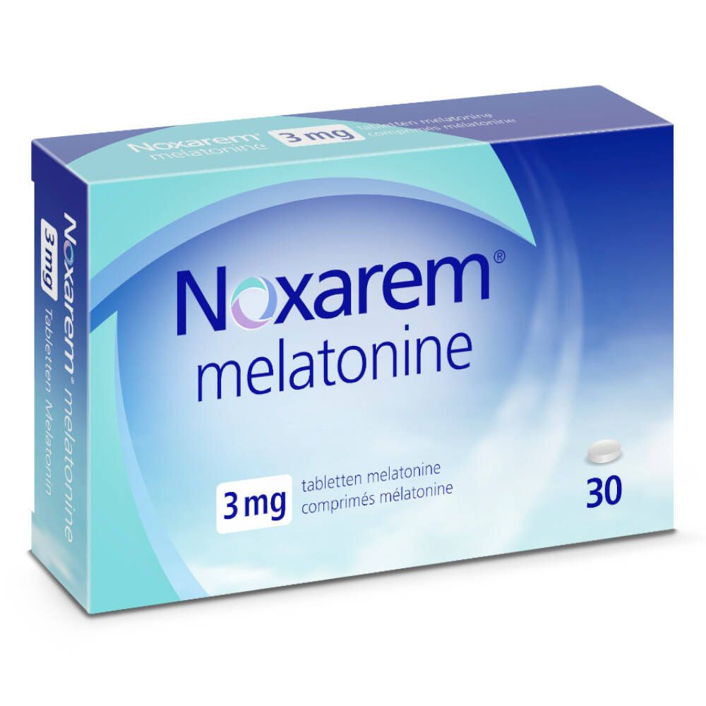 Doos Noxarem melatonine 3mg tabletten. Blauw en witte verpakking. 30 tabletten.