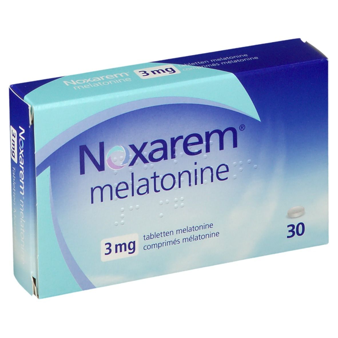 Doos Noxarem melatonine 3mg tabletten. Blauw en witte verpakking. 30 tabletten.