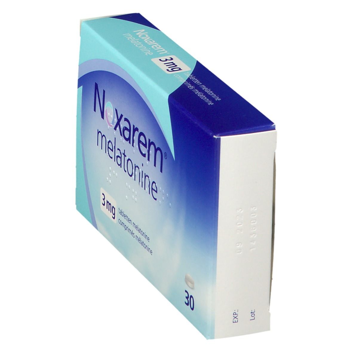 Doos Noxarem melatonine 3mg tabletten. Blauw en witte verpakking. 30 tabletten.