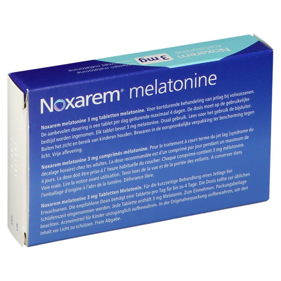 Achterkant van de doos Noxarem melatonine 3mg tabletten. Tekst in het Nederlands.