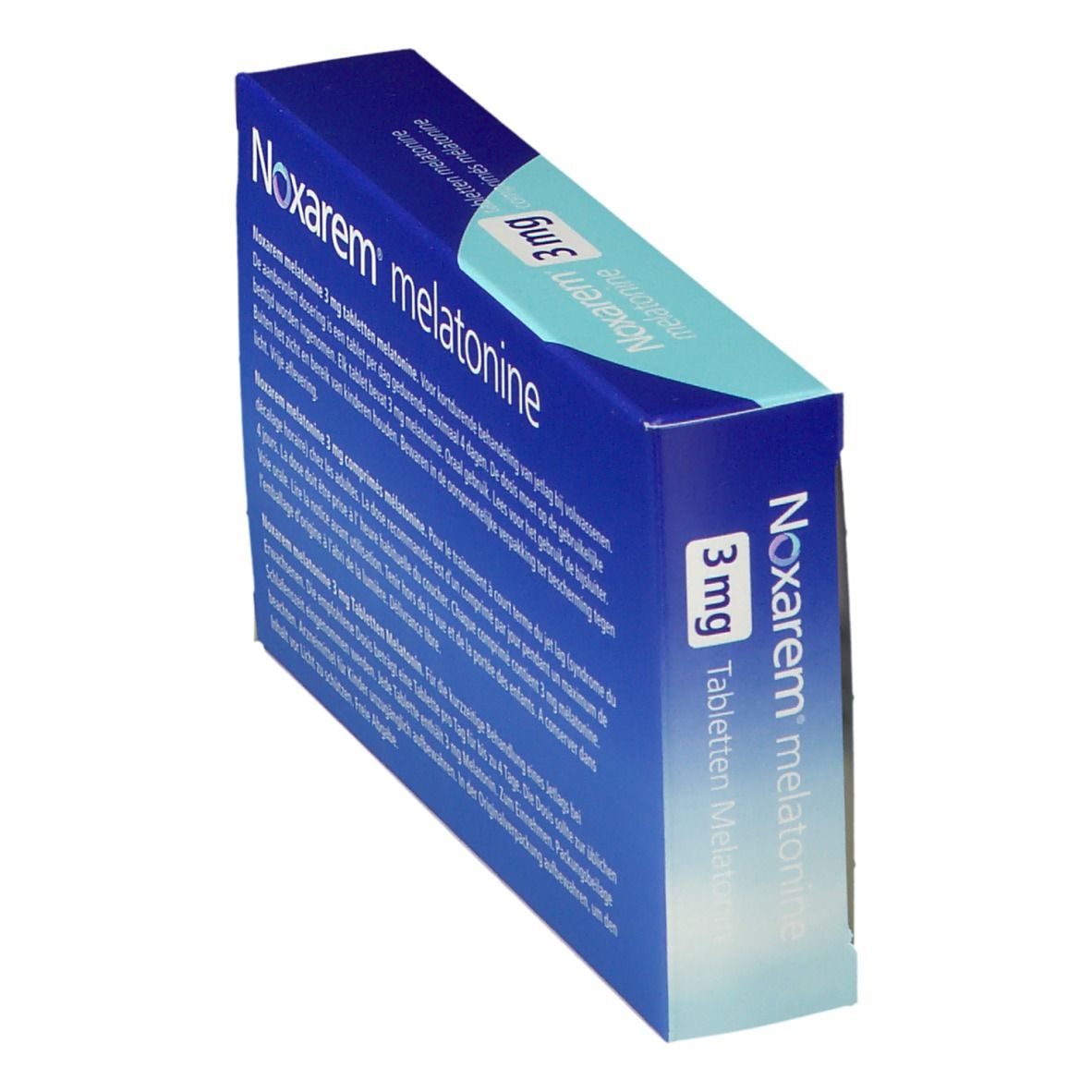 Achterkant van de doos Noxarem melatonine 3mg tabletten. Tekst in het Nederlands.