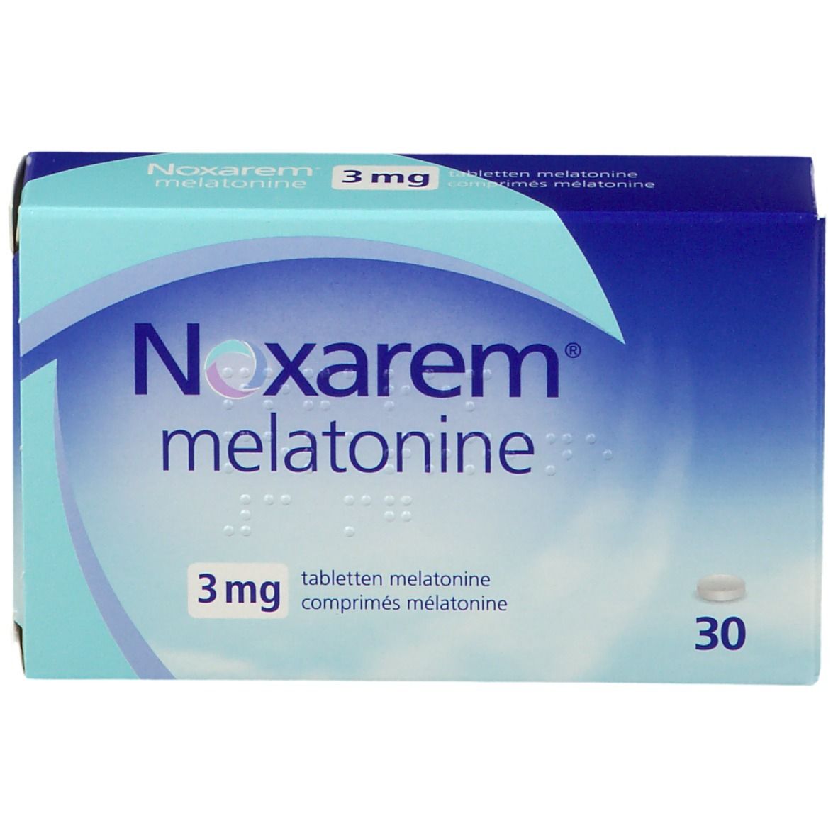 Doos Noxarem melatonine 3mg tabletten. Blauw en witte verpakking. 30 tabletten.