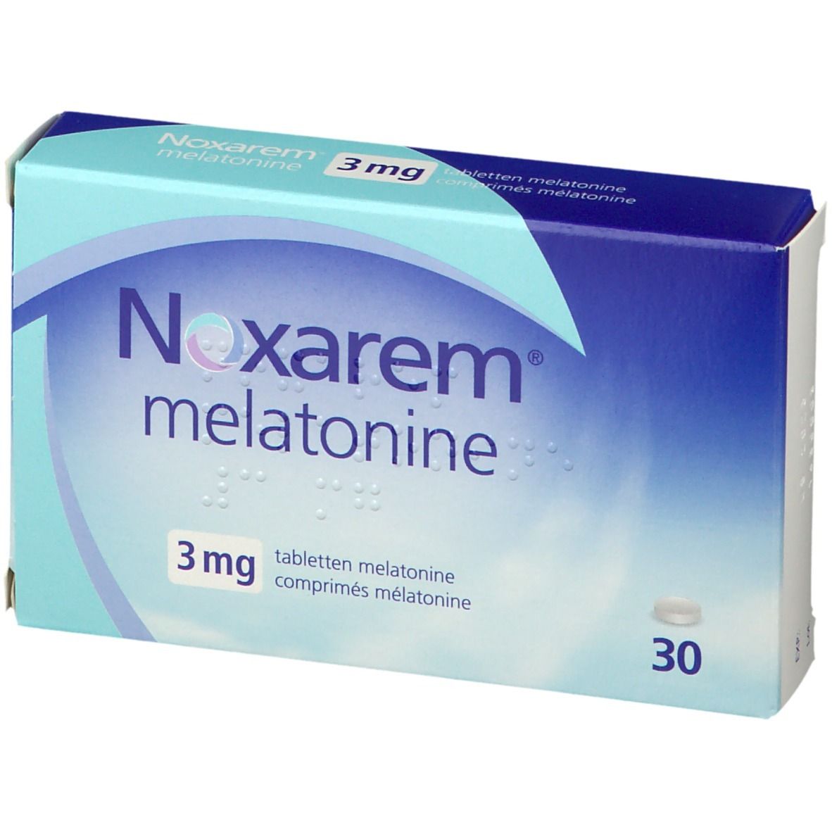 Doos Noxarem melatonine 3mg tabletten. Blauw en witte verpakking. 30 tabletten.