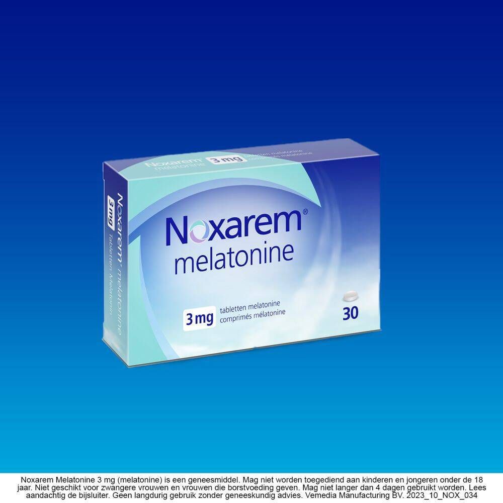 Reclame voor Noxarem Melatonine 3mg. Blauwe verpakking, 30 tabletten. Nederlandse tekst.
