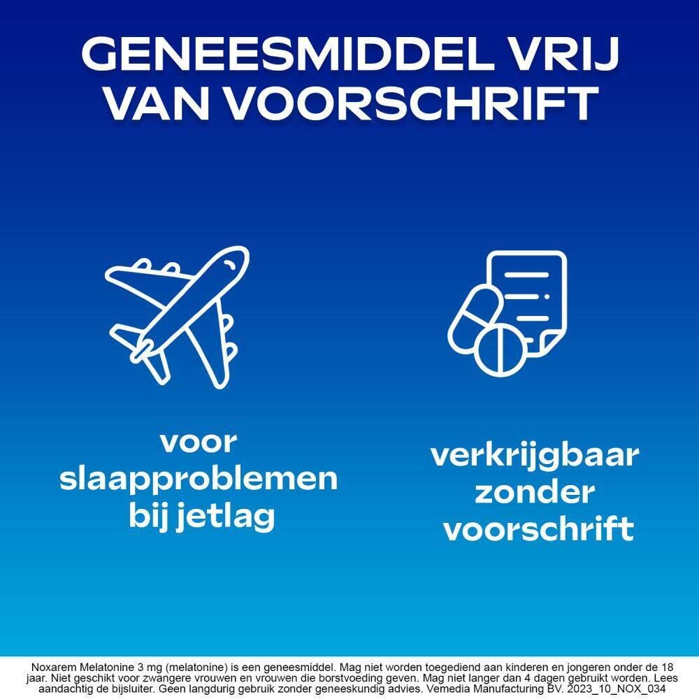 Reclame voor Noxarem Melatonine 3mg. Blauwe verpakking, 30 tabletten. Nederlandse tekst.