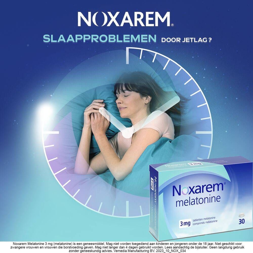 Reclame voor Noxarem Melatonine 3mg. Blauwe verpakking, 30 tabletten. Nederlandse tekst.