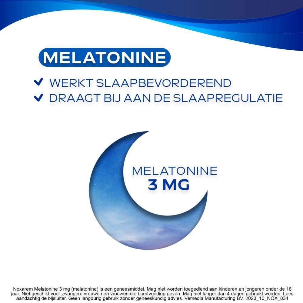 Reclame voor Noxarem Melatonine 3mg. Blauwe verpakking, 30 tabletten. Nederlandse tekst.