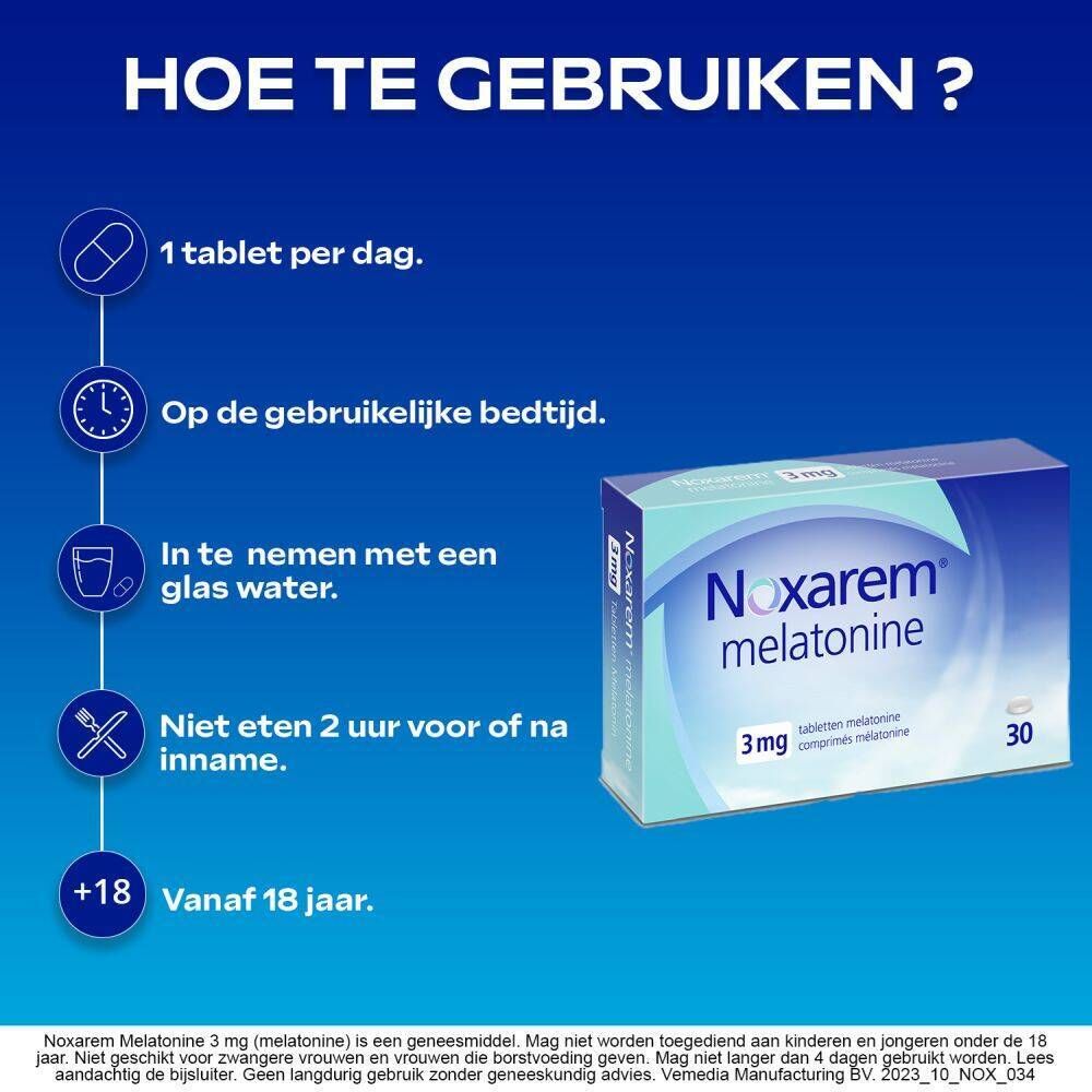 Reclame voor Noxarem Melatonine 3mg. Blauwe verpakking, 30 tabletten. Nederlandse tekst.