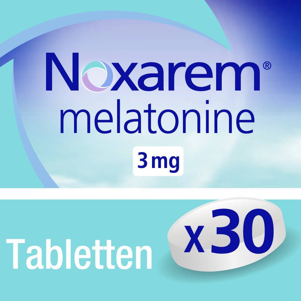 Reclame voor Noxarem Melatonine 3mg. Blauwe verpakking, 30 tabletten. Nederlandse tekst.