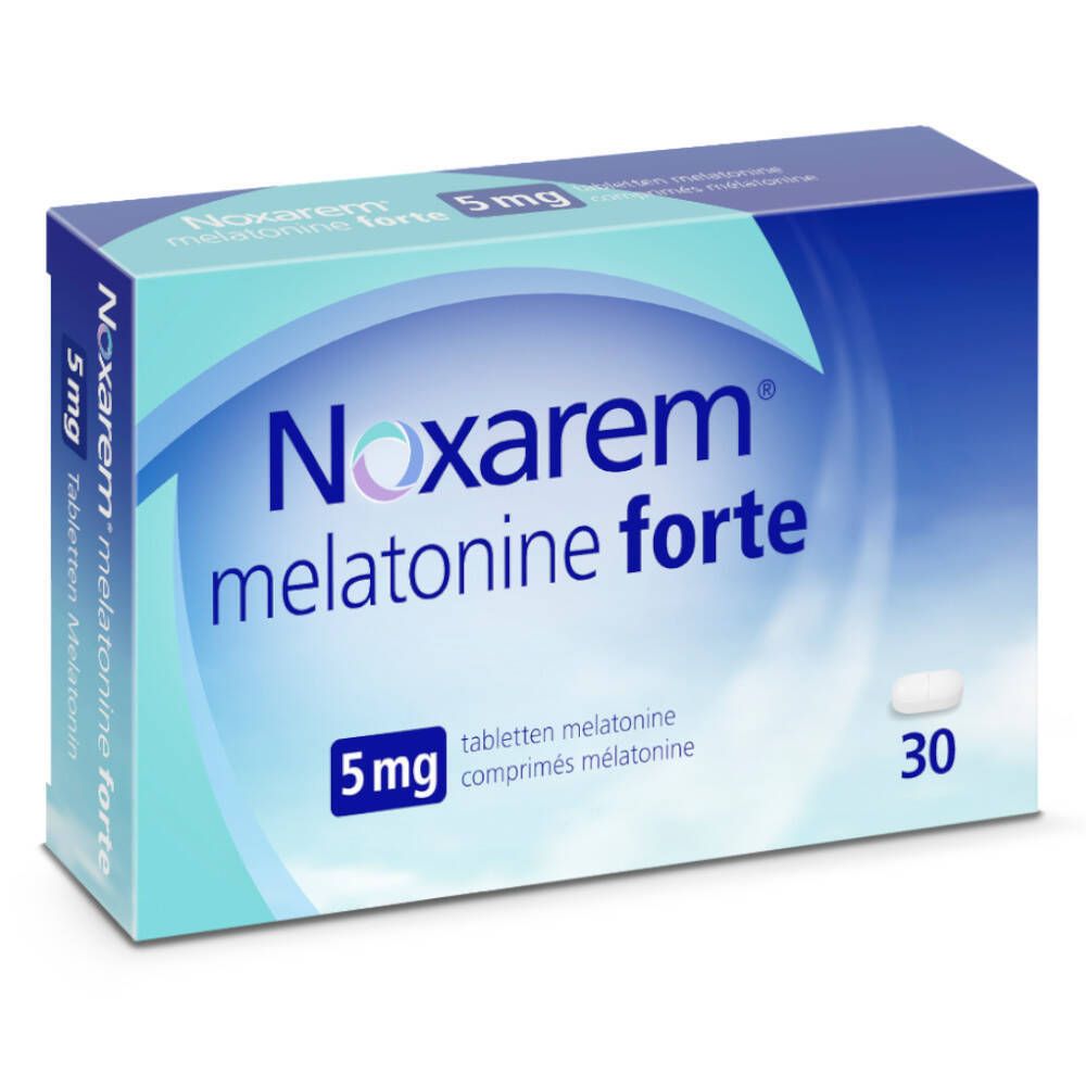 Doosje Noxarem melatonine forte 5mg. Bevat 30 tabletten. Blauw en witte verpakking.