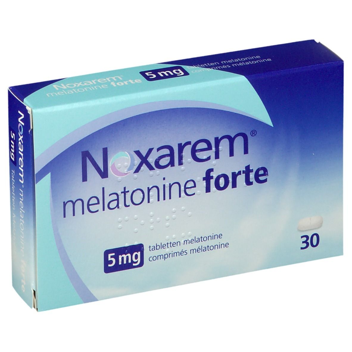 Doosje Noxarem melatonine forte 5mg. Bevat 30 tabletten. Blauw en witte verpakking.
