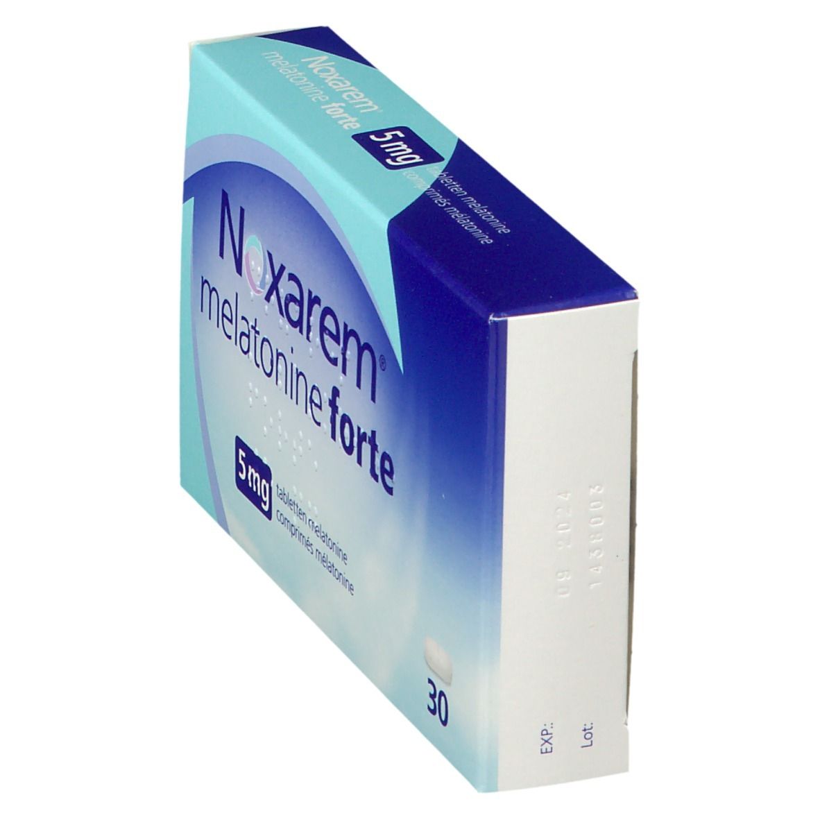 Doosje Noxarem melatonine forte 5mg. Bevat 30 tabletten. Blauw en witte verpakking.