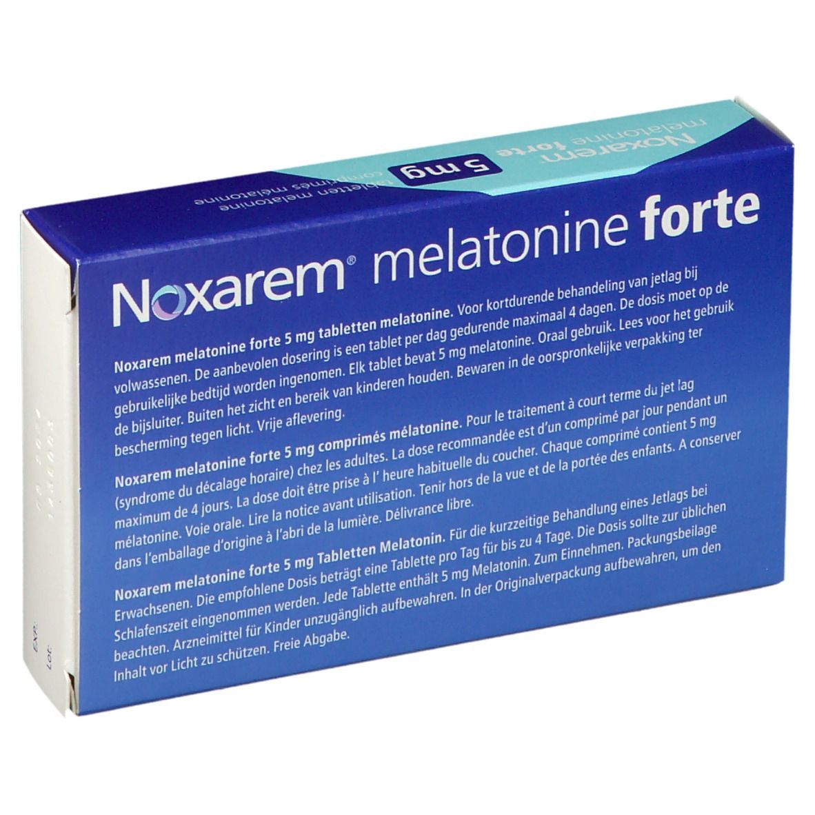 Doosje Noxarem melatonine forte 5mg. Bevat 30 tabletten. Blauw en witte verpakking.