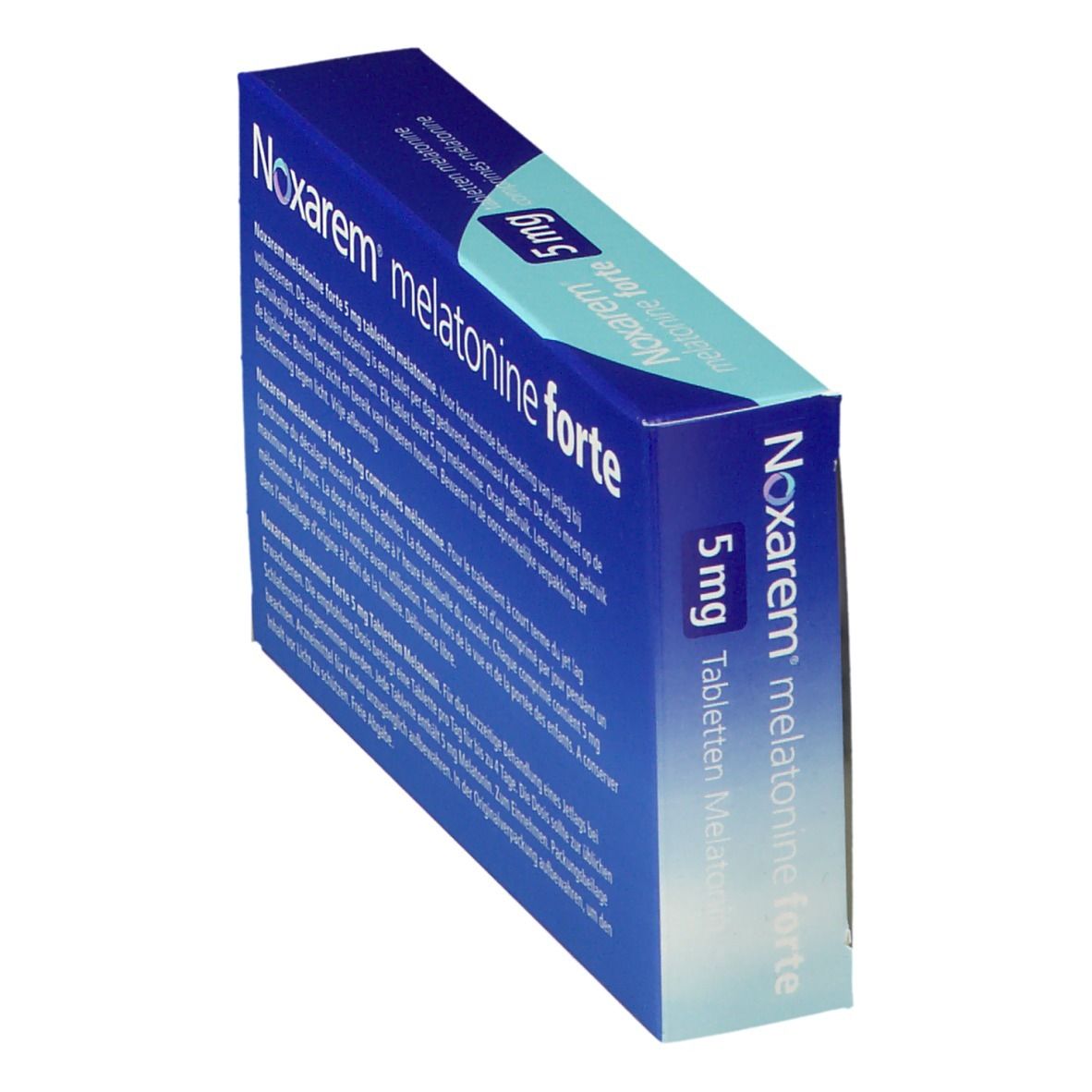 Doosje Noxarem melatonine forte 5mg. Bevat 30 tabletten. Blauw en witte verpakking.