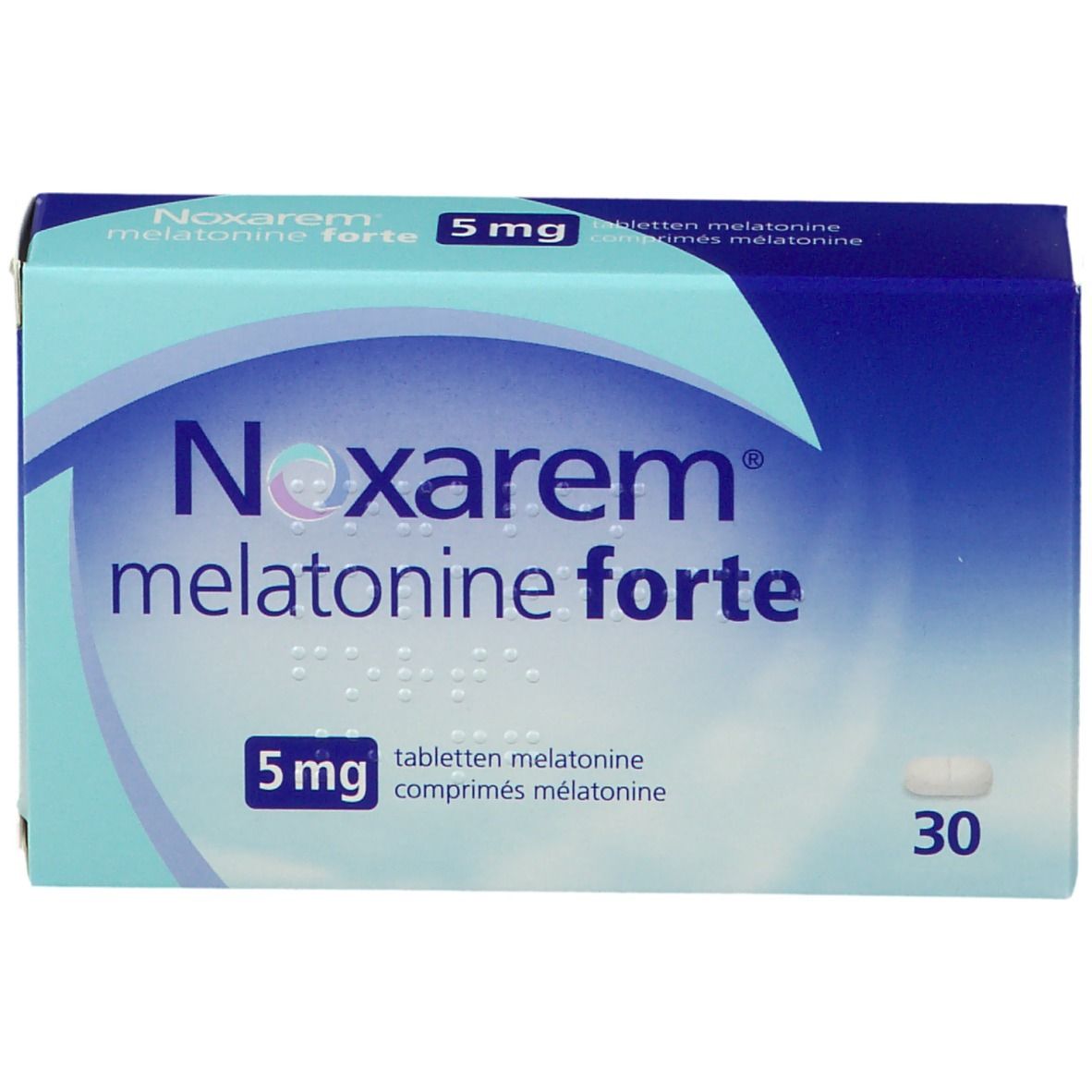Doosje Noxarem melatonine forte 5mg. Bevat 30 tabletten. Blauw en witte verpakking.