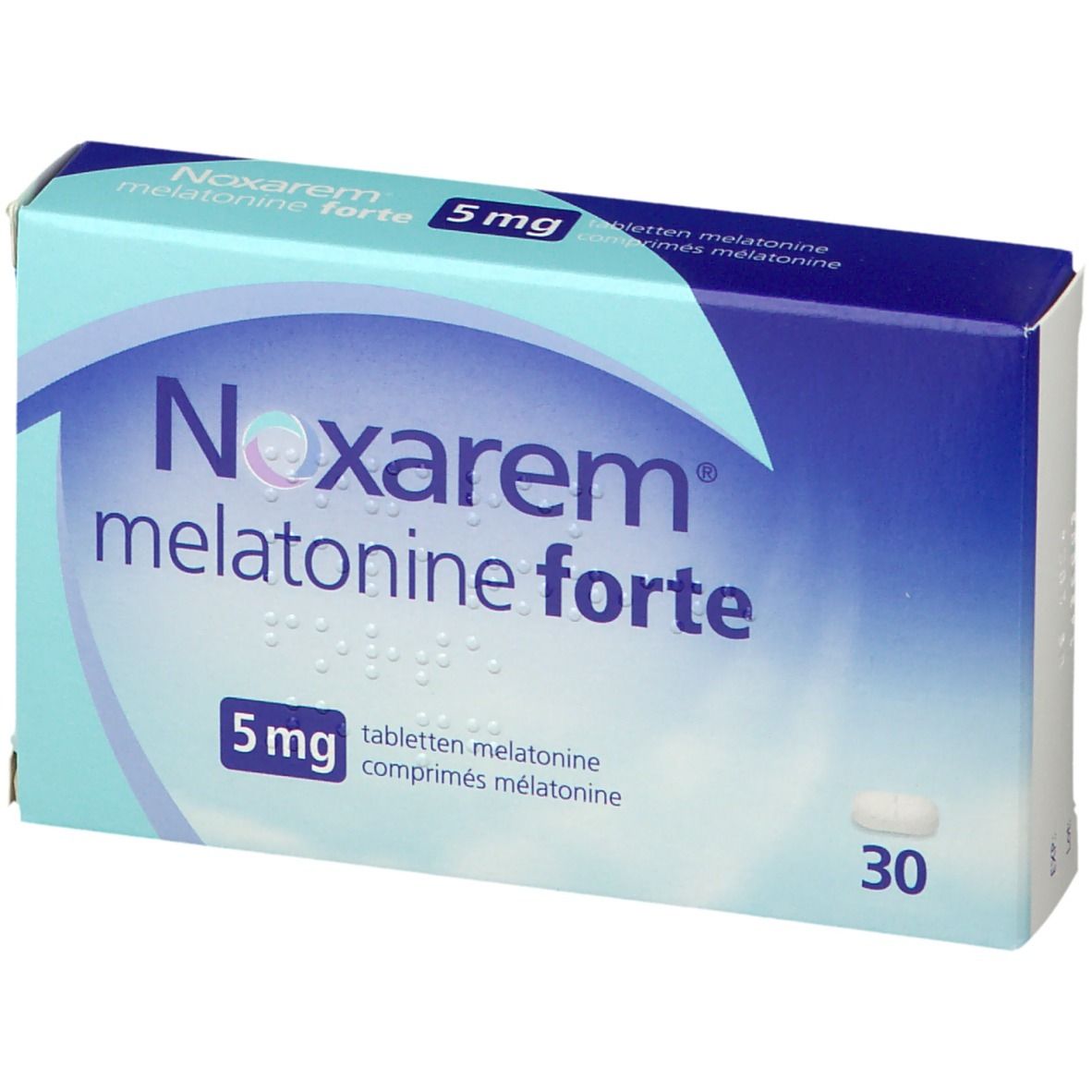 Doosje Noxarem melatonine forte 5mg. Bevat 30 tabletten. Blauw en witte verpakking.