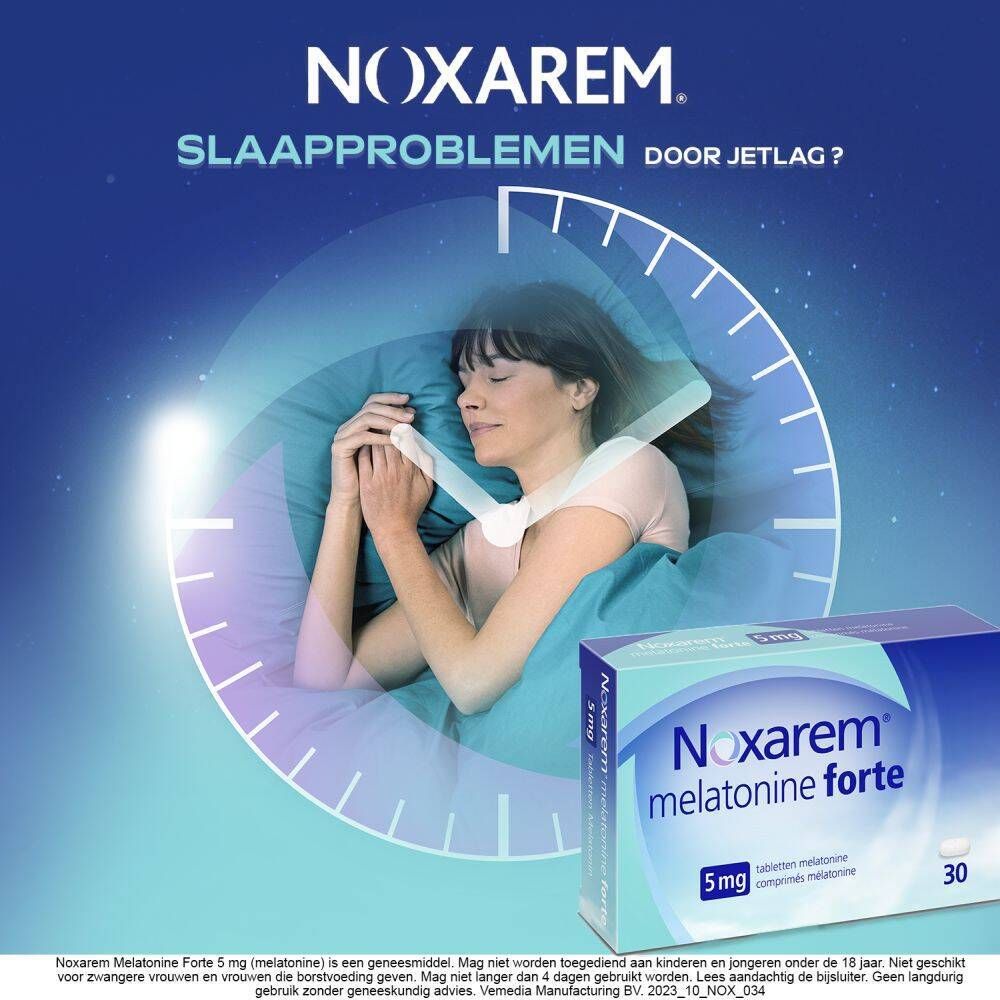 Verpakking Noxarem melatonine forte 5mg. Bevat 30 tabletten. Nederlandse tekst.