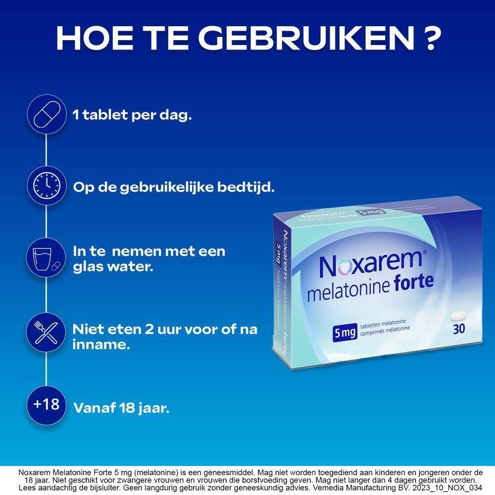 Verpakking Noxarem melatonine forte 5mg. Bevat 30 tabletten. Nederlandse tekst.