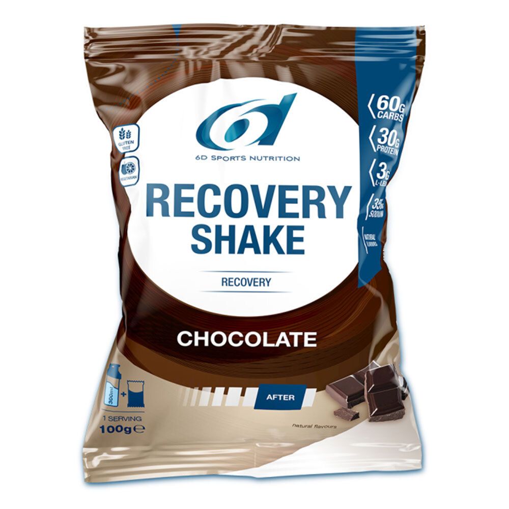 Beutel mit 6D Sports Nutrition Recovery Shake Schokolade. Enthält 60g Kohlenhydrate, 30g Protein, 3g L-Leucin und 358mg Natrium.