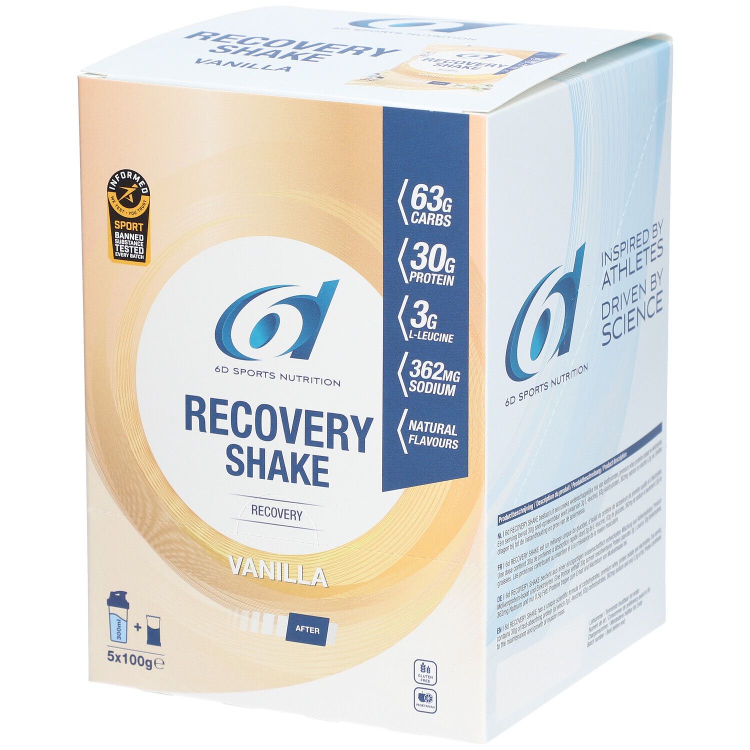 Karton 6D Sports Nutrition Recovery Shake Vanilla. Enthält 63g Kohlenhydrate, 30g Protein, 3g L-Leucin, 362mg Natrium. Mit Sport-Zertifizierung.