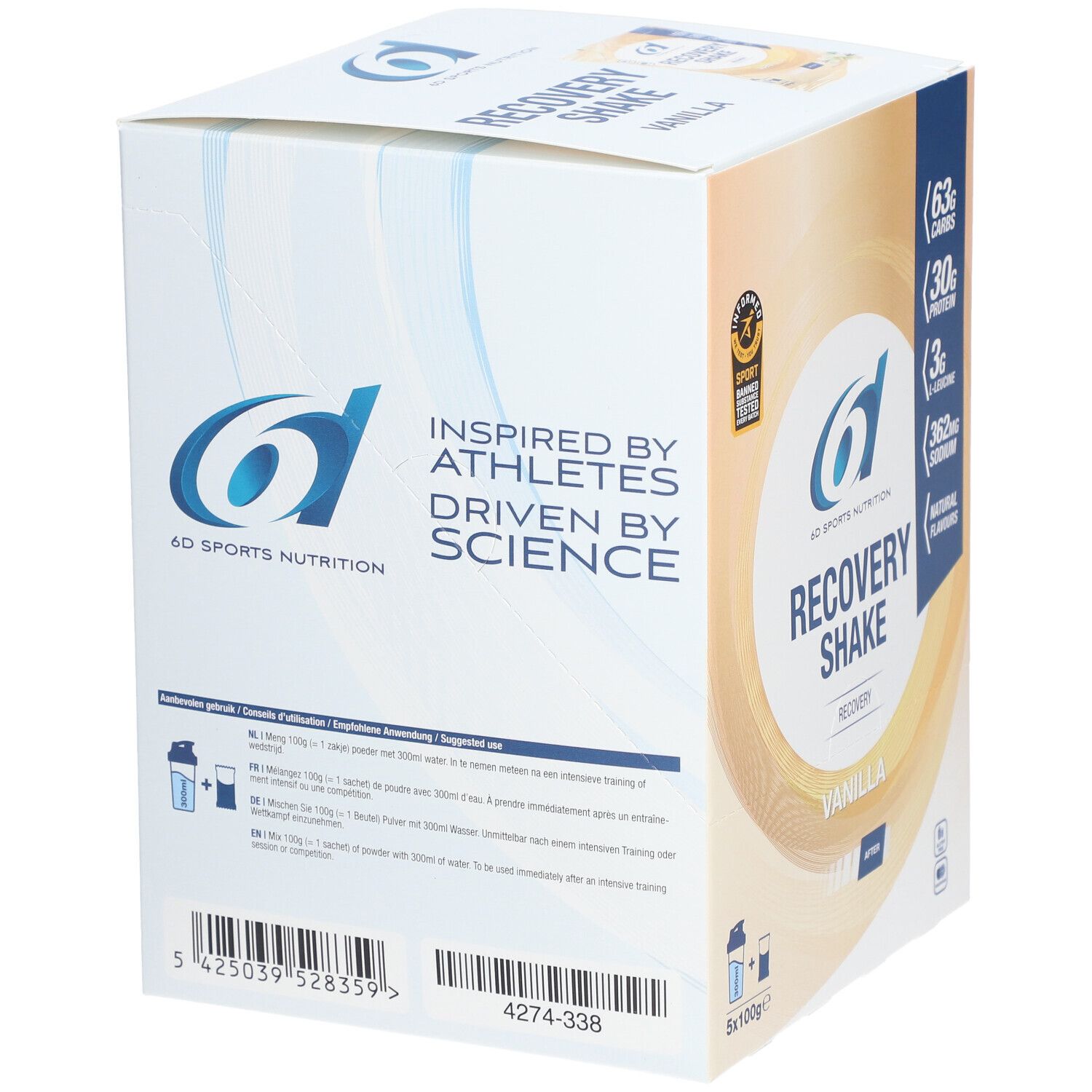 Karton 6D Sports Nutrition Recovery Shake Vanilla. Rückseite mit Nährwertangaben und Zubereitungshinweisen. Barcode und Produktnummer.
