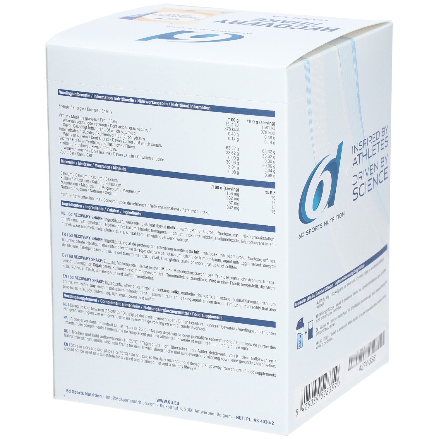 Rückseite der 6D Sports Nutrition Recovery Shake Vanilla Verpackung. Enthält Nährwertangaben, Zutatenliste und Zubereitungshinweise.