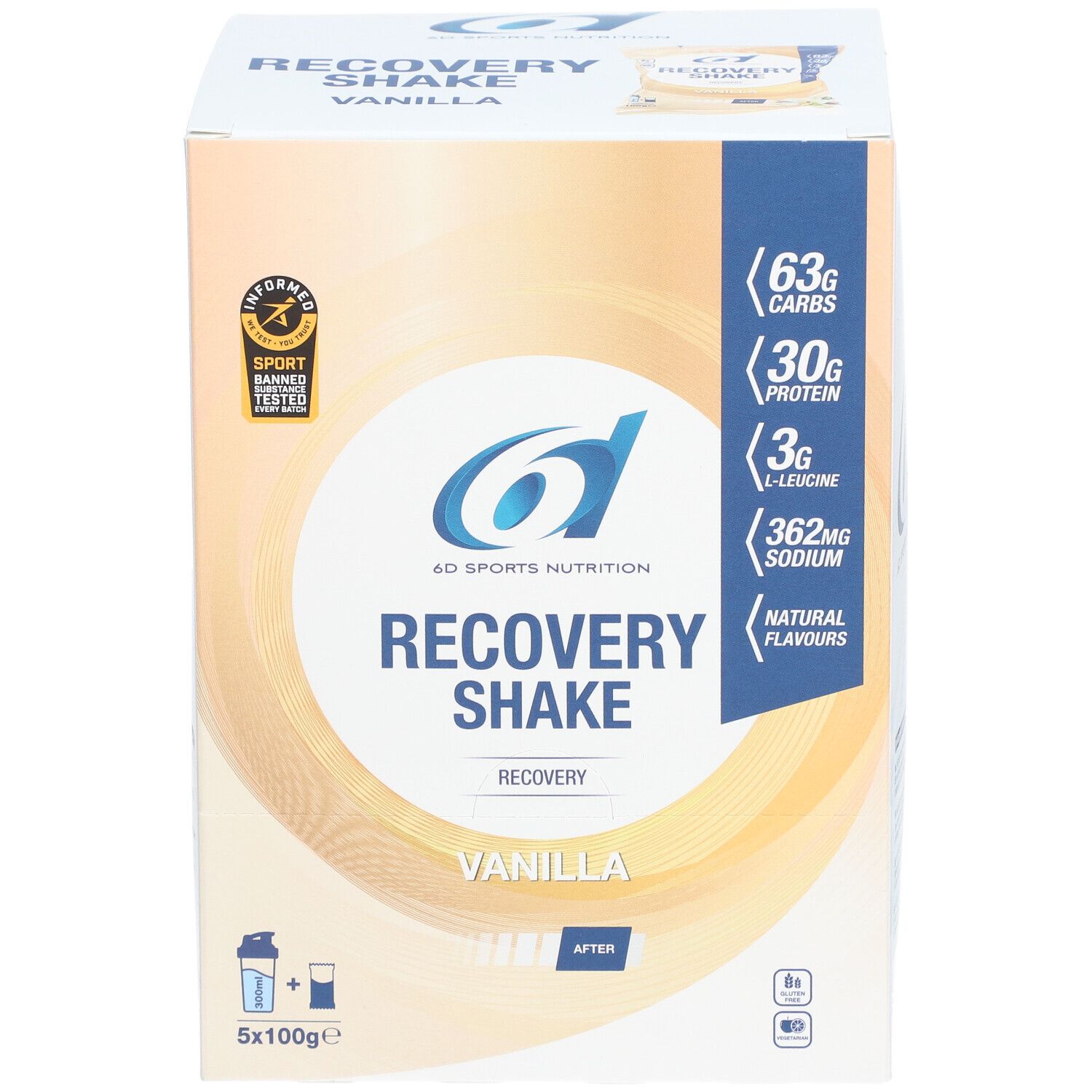 Karton 6D Sports Nutrition Recovery Shake Vanilla. Enthält 63g Kohlenhydrate, 30g Protein, 3g L-Leucin, 362mg Natrium. Mit Sport-Zertifizierung.