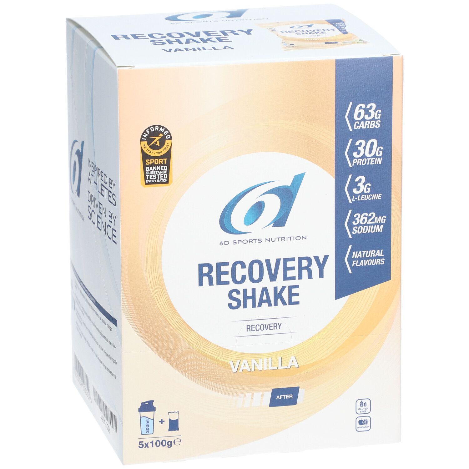 Karton 6D Sports Nutrition Recovery Shake Vanilla. Enthält 63g Kohlenhydrate, 30g Protein, 3g L-Leucin, 362mg Natrium. Mit Sport-Zertifizierung.