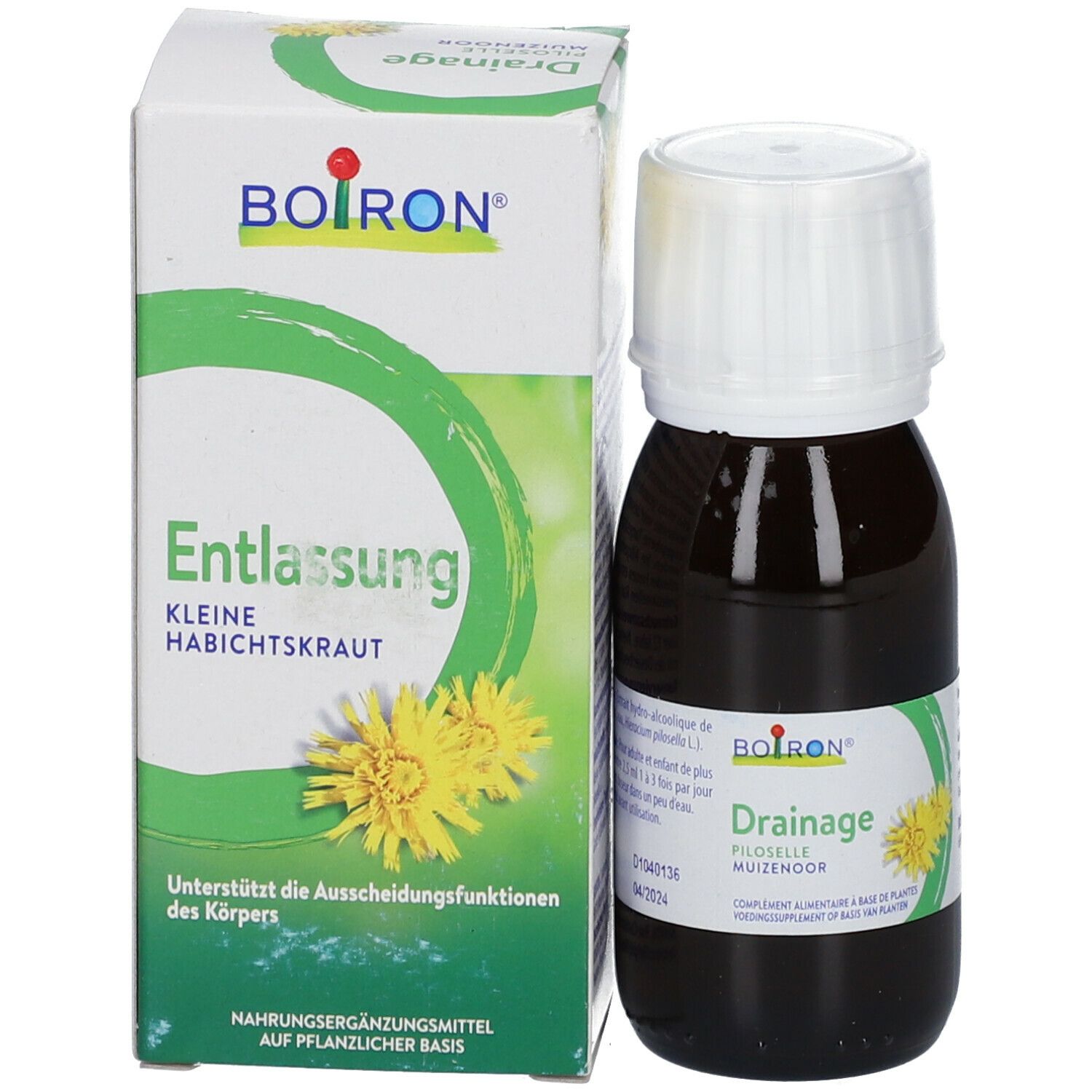 Fles en doos. Op de doos staat "Entlassung" en "Boiron". Op de fles staat "Drainage".