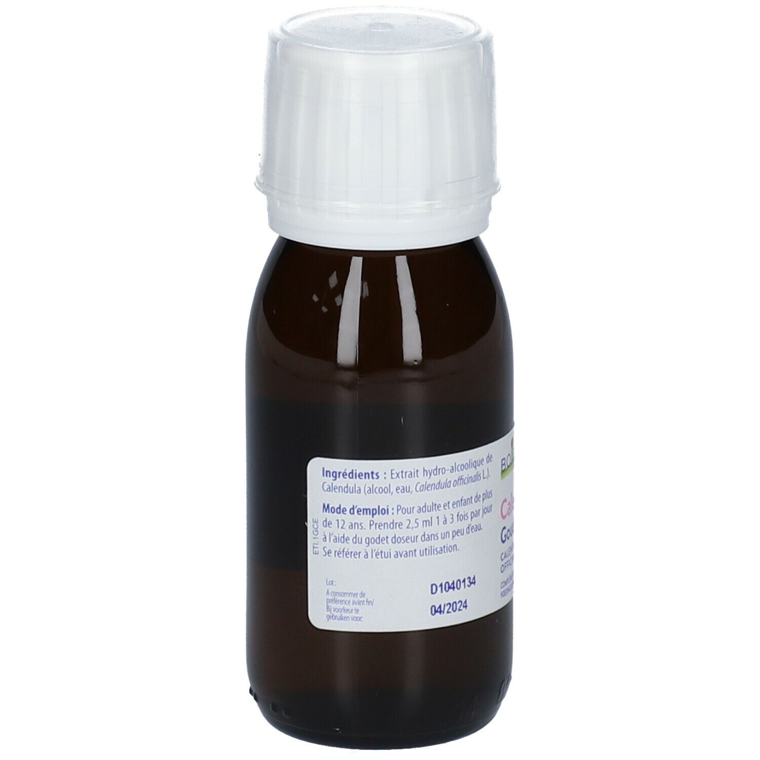 Bruine glazen fles met witte dop. Achterkant met ingrediënten en gebruiksaanwijzing. BOIRON® logo.