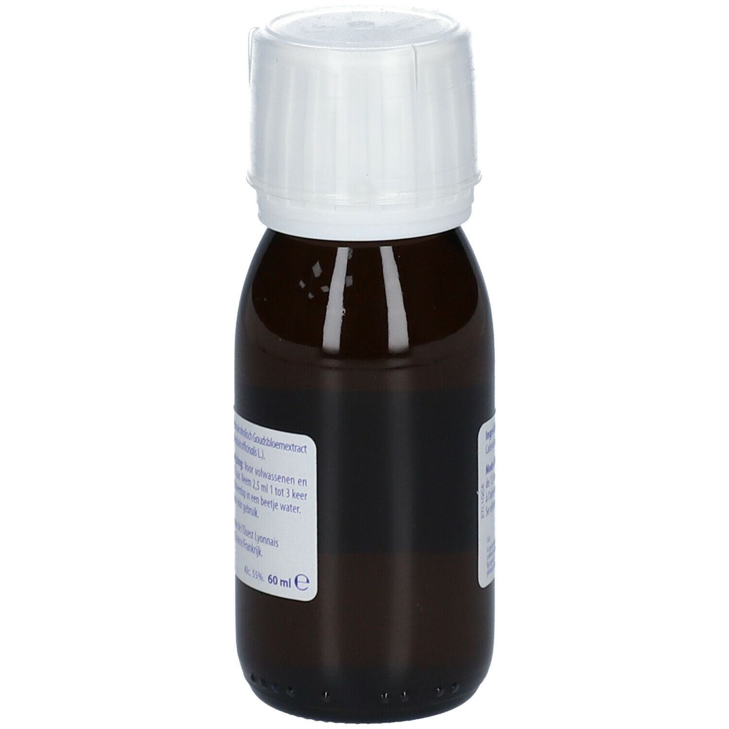 Bruine glazen fles met witte dop. Opschrift '60 ml'.