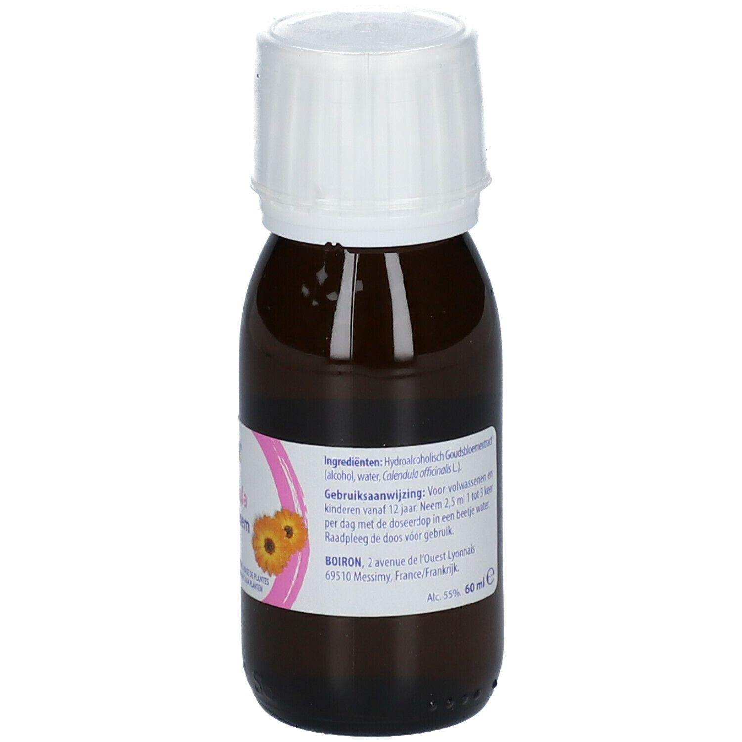Bruine glazen fles met witte dop. Achterkant met ingrediënten, gebruik en BOIRON® adres.