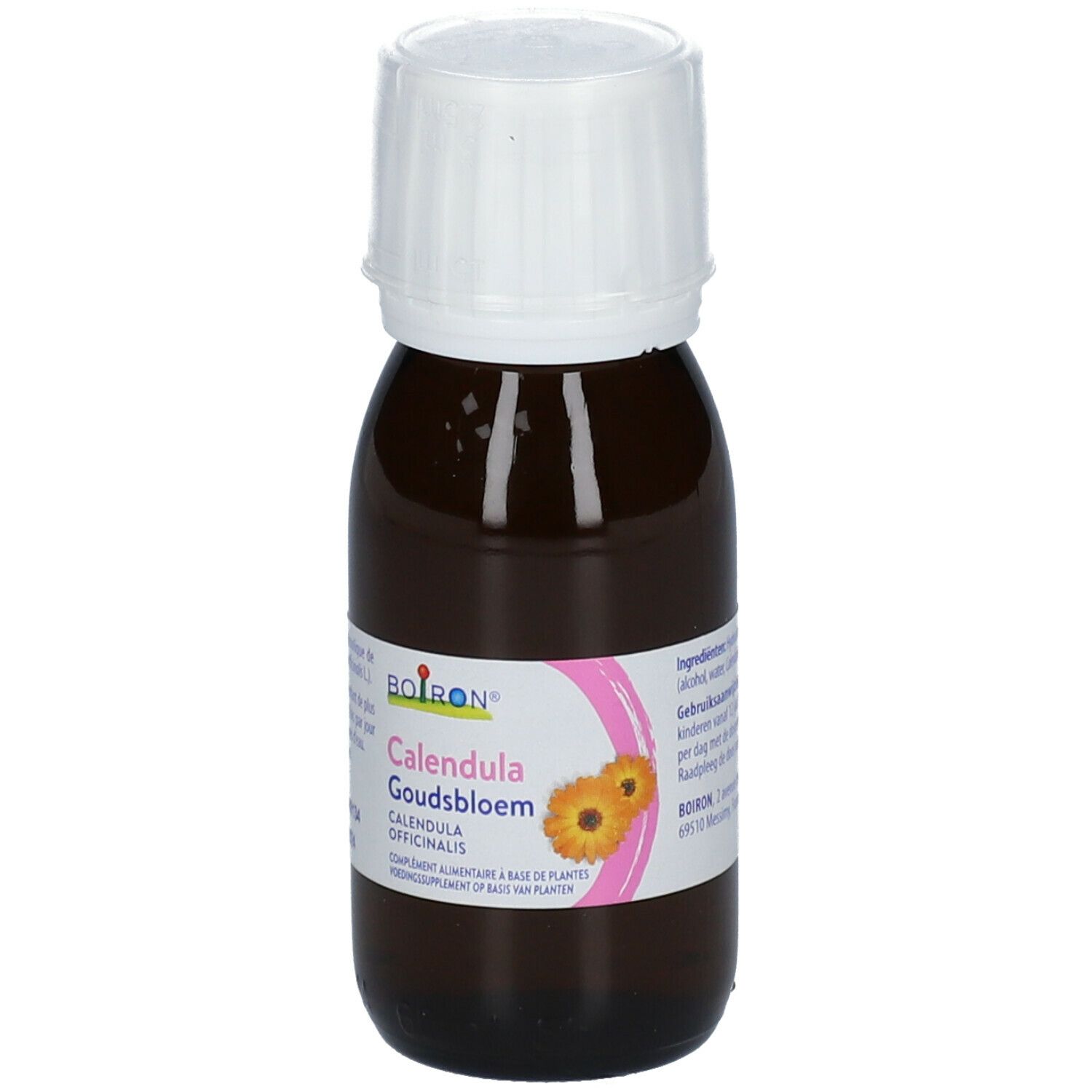 Bruine glazen fles met witte dop. Etiket met BOIRON® en Calendula Goudsbloem. Afbeelding van een goudsbloem.