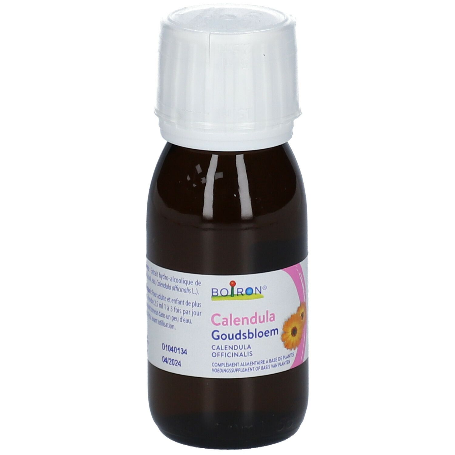 Bruine glazen fles met witte dop. Etiket met BOIRON® en Calendula Goudsbloem. Afbeelding van een goudsbloem.