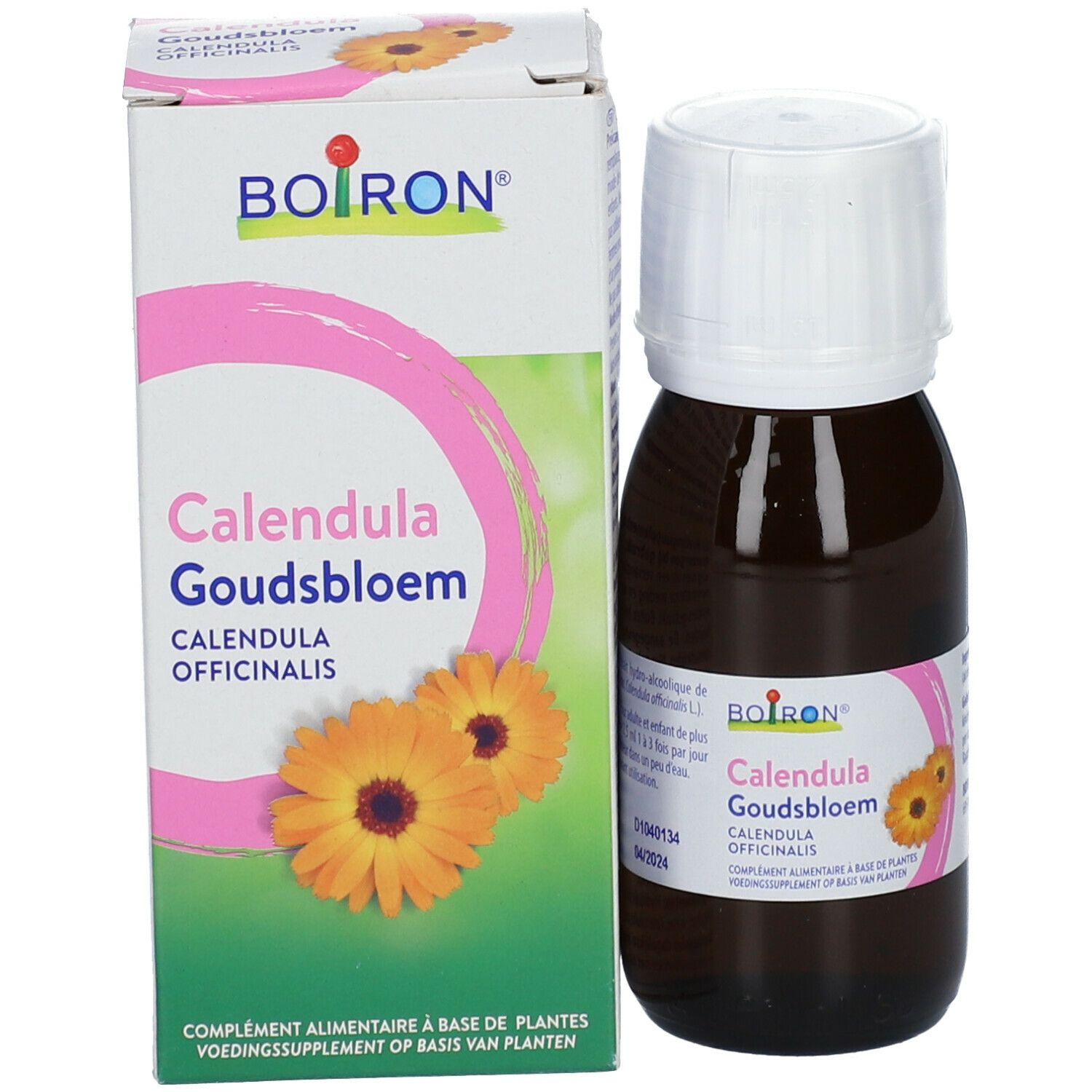 Productverpakking met fles. Doos met BOIRON® en Calendula Goudsbloem. Afbeelding van een goudsbloem.