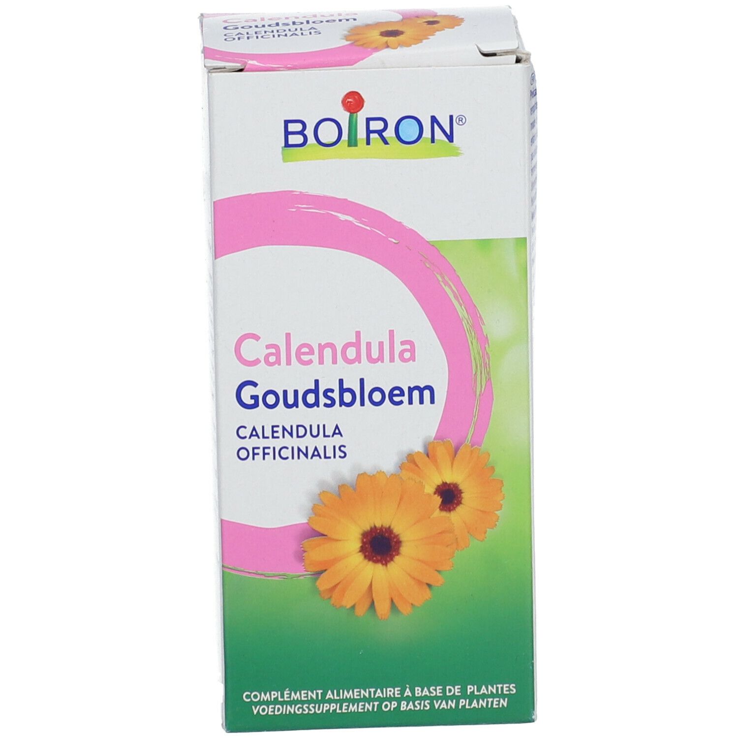Productverpakking. Doos met BOIRON® en Calendula Goudsbloem. Afbeelding van goudsbloemen.