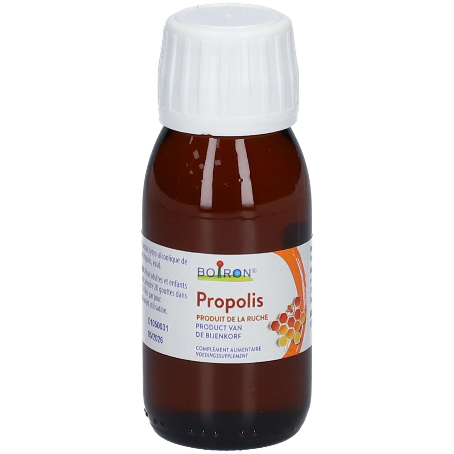 Bruine glazen fles met witte dop. Opschrift: Boiron Propolis. Product van de bijenkorf.