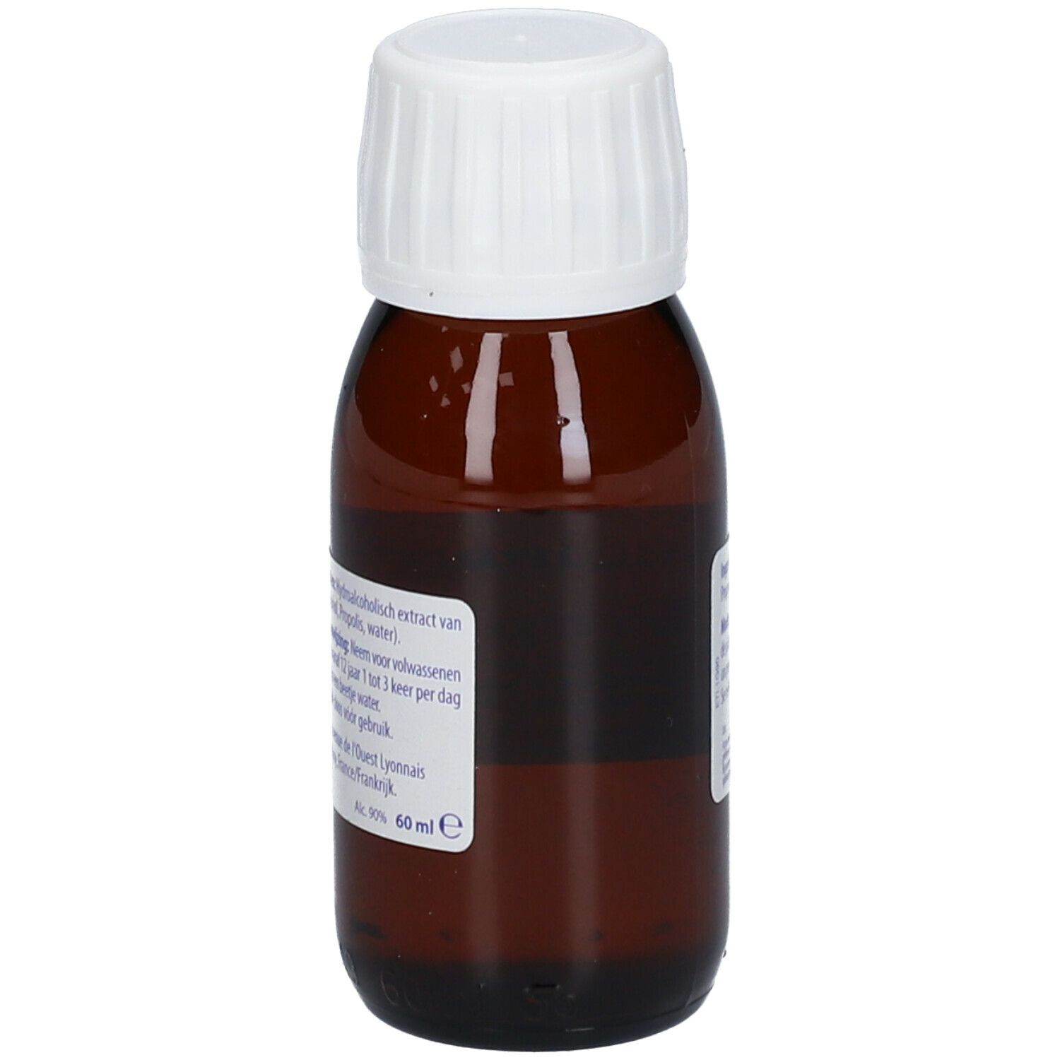 Bruine glazen fles met witte dop. Opschrift: Boiron Propolis. 60 ml.