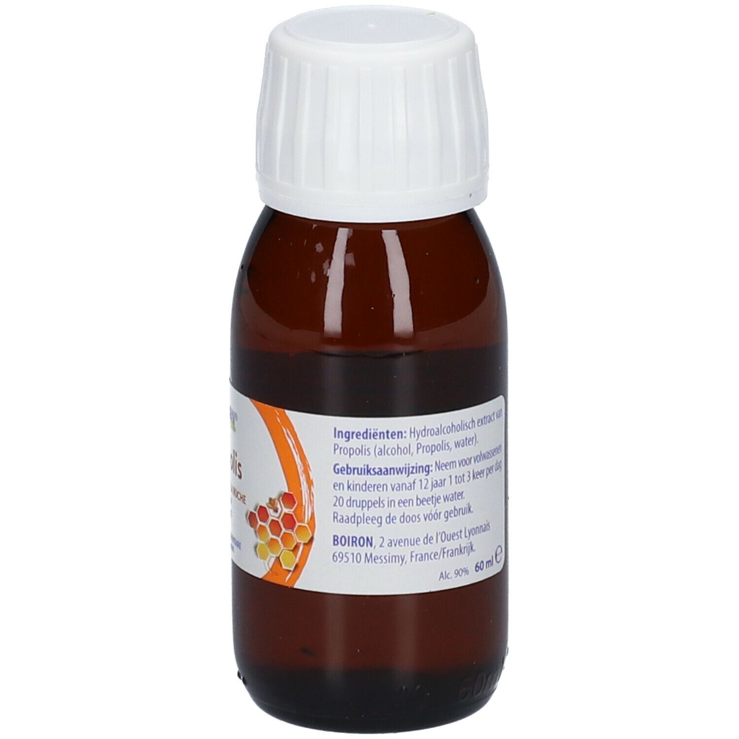 Bruine glazen fles met witte dop. Opschrift: Boiron Propolis. Ingrediënten en gebruiksaanwijzing. 60 ml.