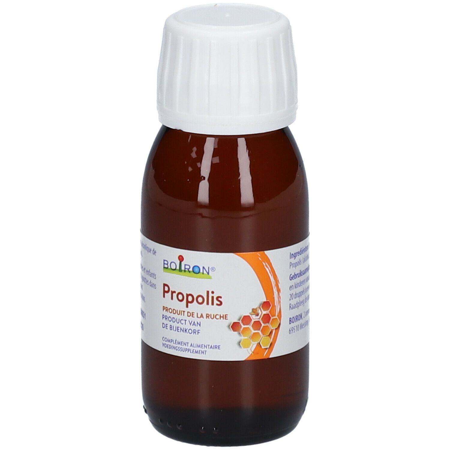 Bruine glazen fles met witte dop. Opschrift: Boiron Propolis. Product van de bijenkorf.
