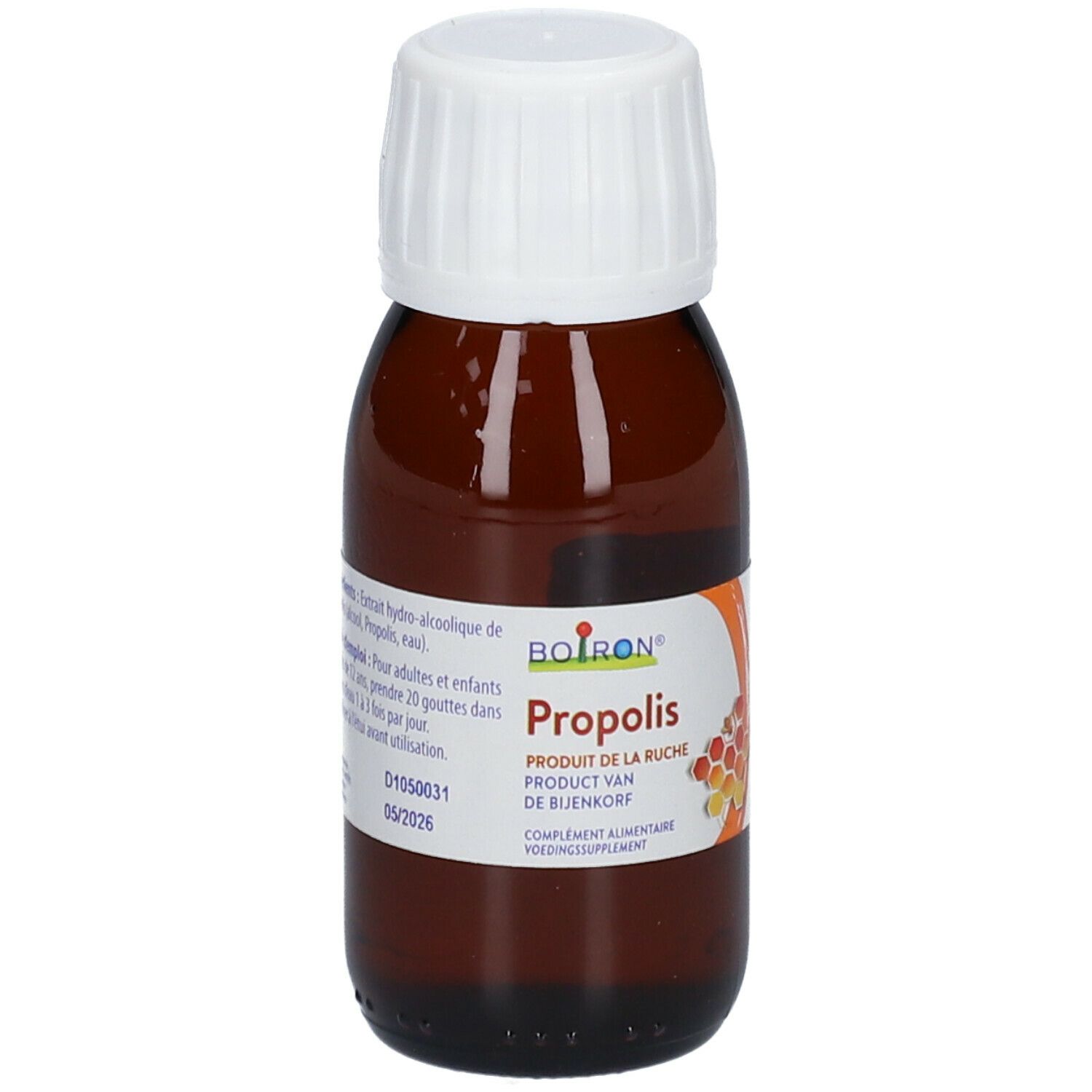 Bruine glazen fles met witte dop. Opschrift: Boiron Propolis. Product van de bijenkorf.