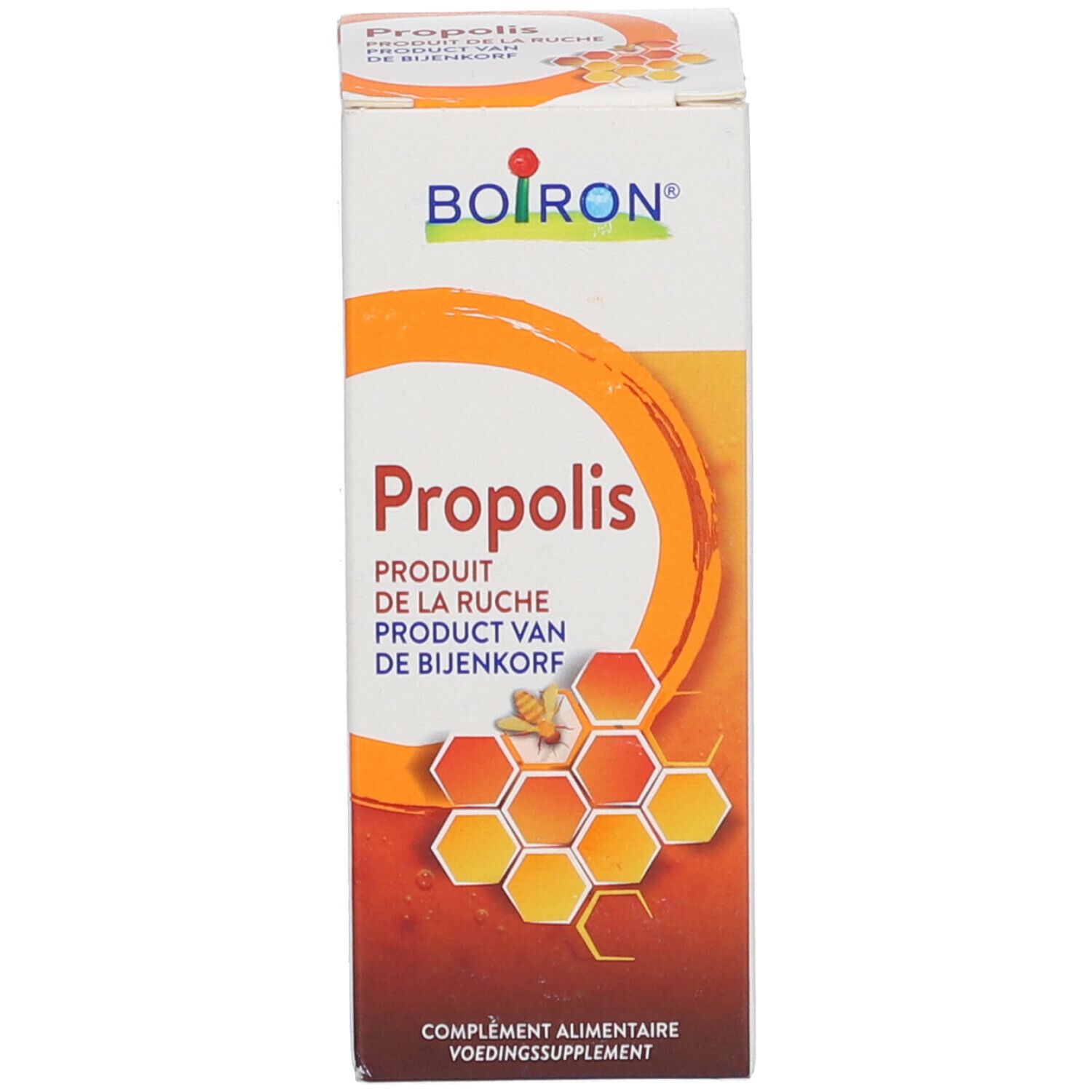 Verpakking met opschrift: Boiron Propolis. Product van de bijenkorf.