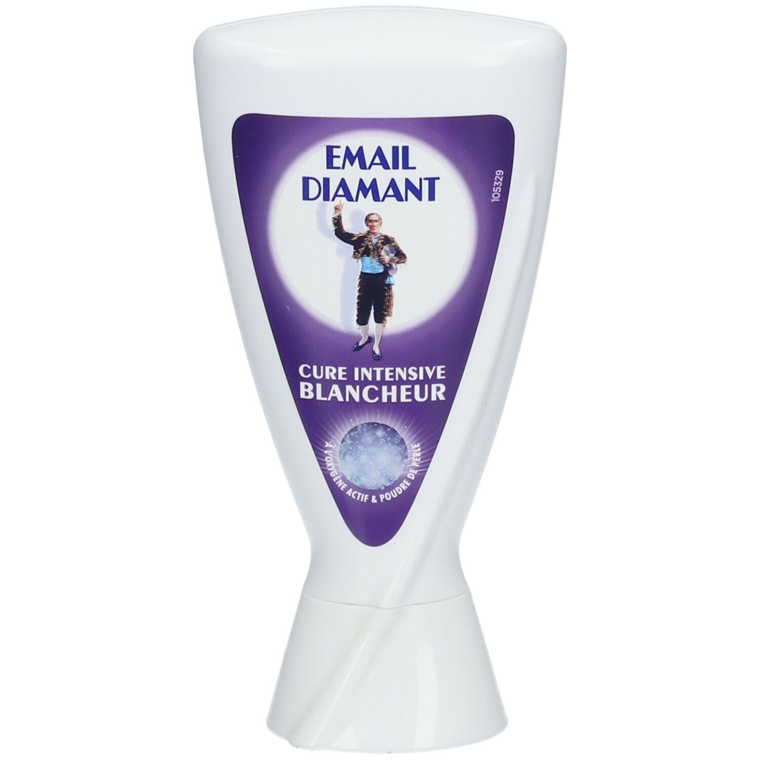 Witte tube met paars etiket. Logo EMAIL DIAMANT, man met hoed. Tekst: Cure Intensive Blancheur.
