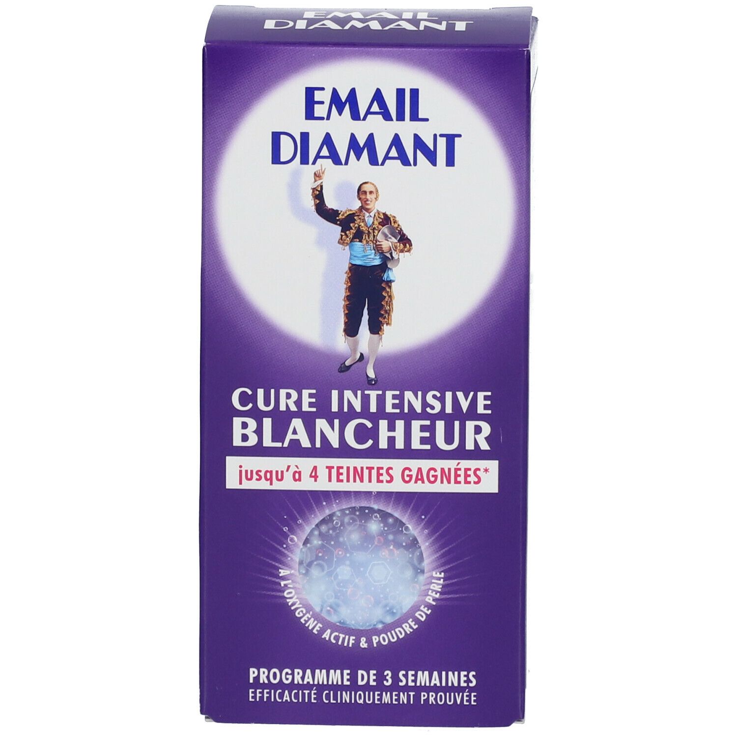 Paarse verpakking. Logo EMAIL DIAMANT, man met hoed. Tekst: Cure Intensive Blancheur, tot 4 tinten.
