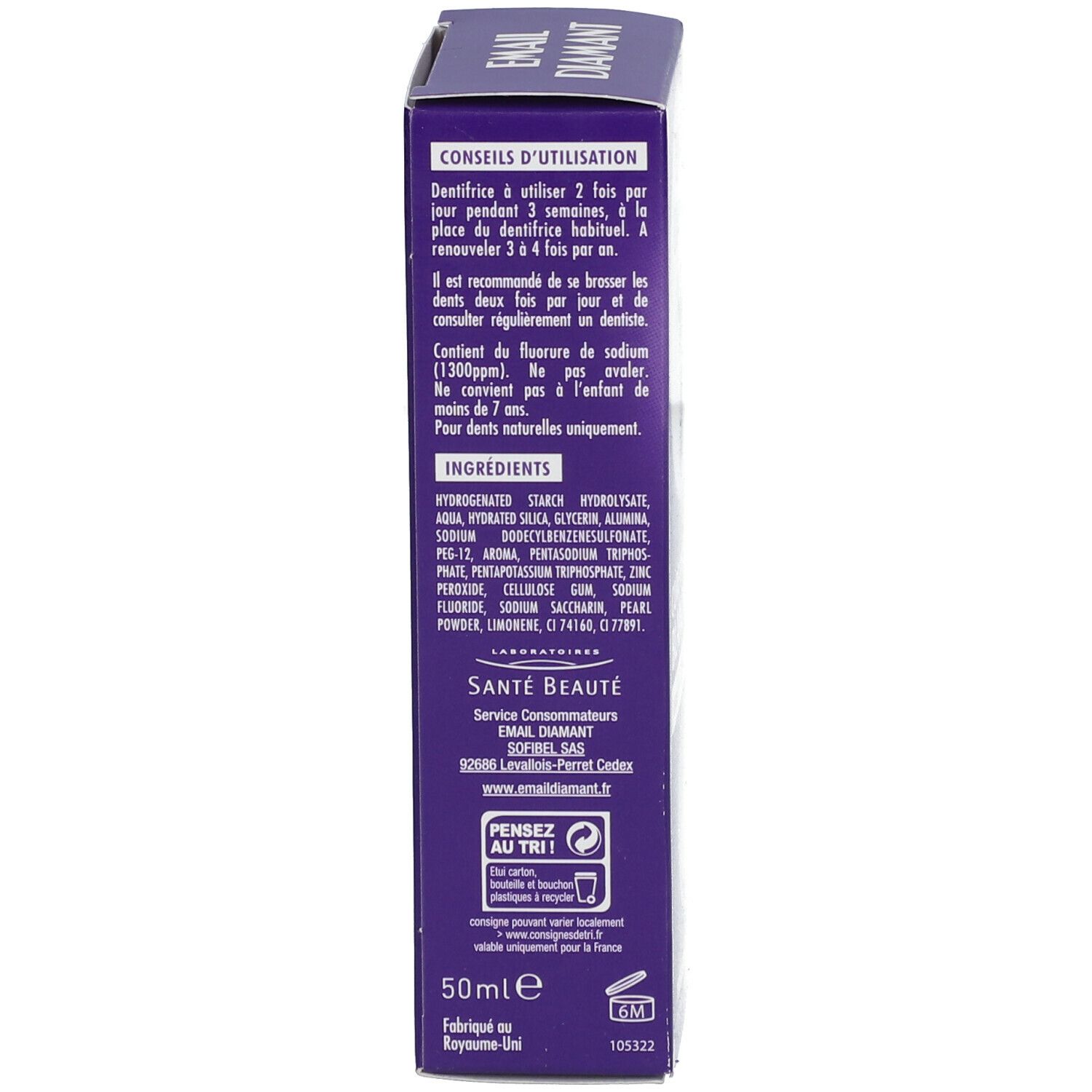 Achterkant verpakking. Tekst: Gebruiksaanwijzing, ingrediënten, 50ml, gemaakt in Royaume-Uni.