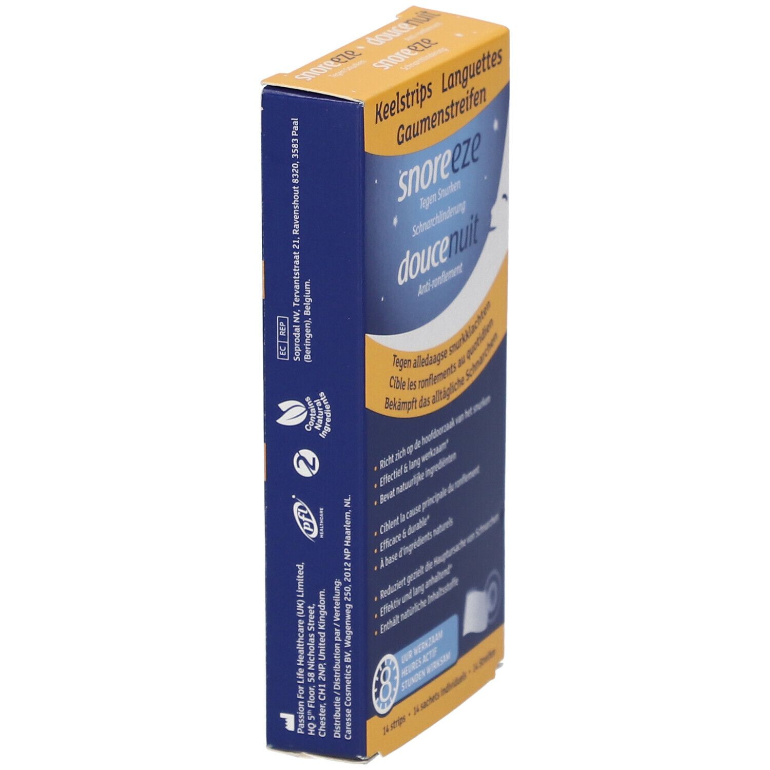 Vue latérale de la boîte Snoreeze Bandes pour la Gorge. Emballage bleu et jaune avec texte.