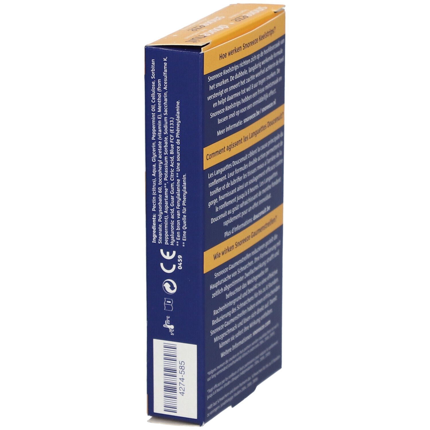 Côté de la boîte Snoreeze Bandes pour la Gorge. Texte et logos.
